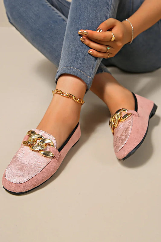 Loafer mit floralem Jacquard-Patchwork, Metallkettendekor und runder Zehenform