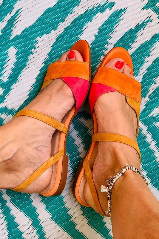 Orange Farbblock-Sandalen im unregelmäßigen Patchwork-Design mit runder Zehenpartie