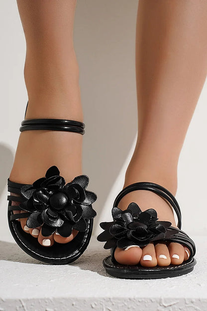 Schlichte, lässige Riemchensandalen mit 3D-Blumen und Strasssteinen