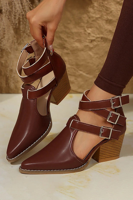 Einfarbige Schnallen-Kreuzriemen-Ankle Boots mit Spitzblockabsatz