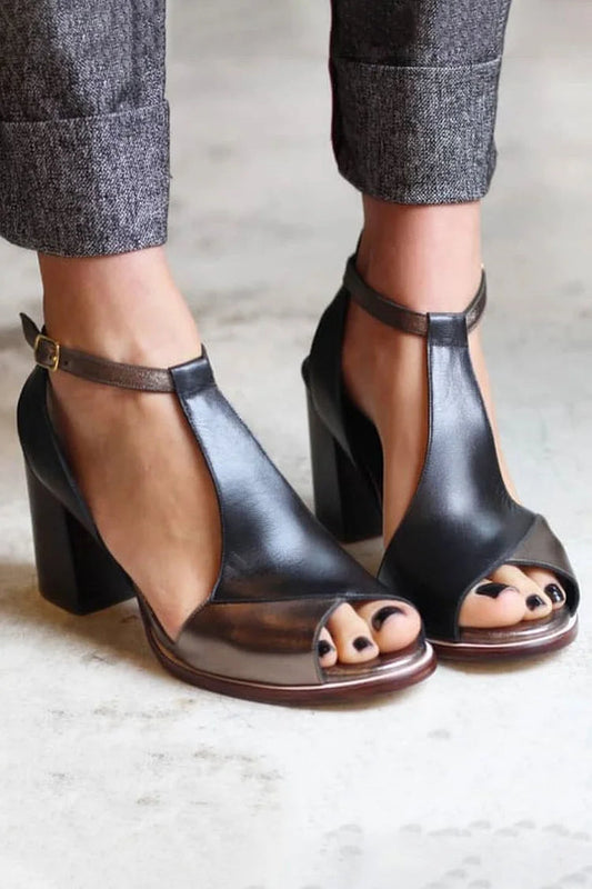 Schwarze Patchwork-Peep-Toe-Ankle-Straps mit Großen Absätzen