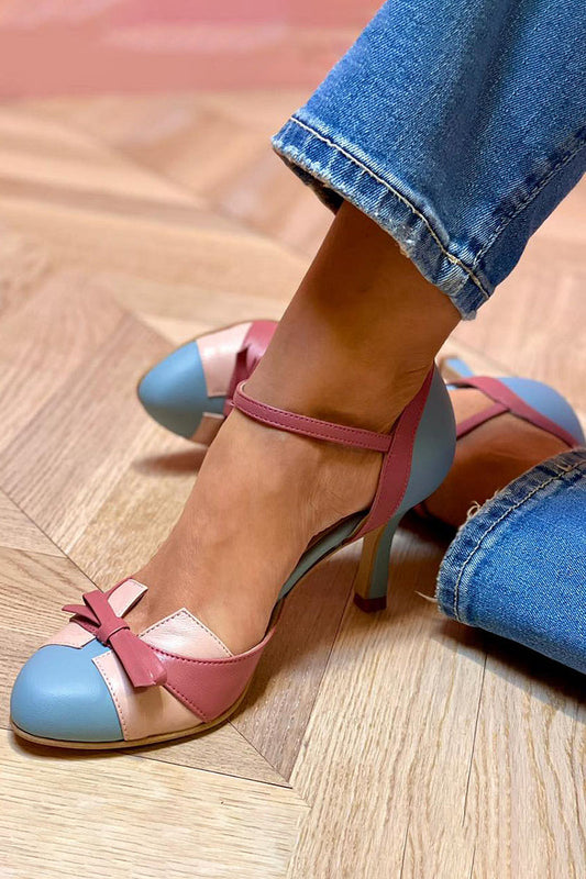 Farbblock-Stilettos mit Schleife, runde Zehenpartie und Knöchelriemen