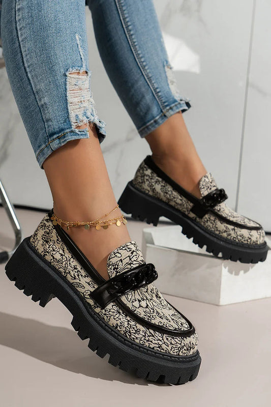 Jacquard-Loafer mit Metallkettendekor, runder Zehenpartie und robustem Absatz