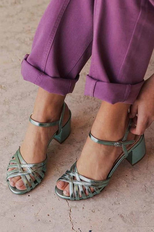 Elegante Einfarbige Peeptoe Crossover-Riemen in Grün mit Klobigen Absätzen [Vorbestellung]