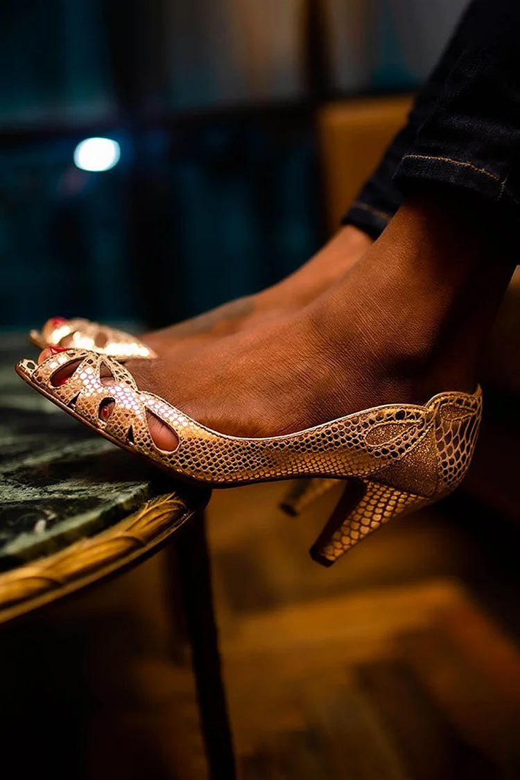Schlangenprint Peep-Toe Goldene Klobige Absätze – Vorbestellung