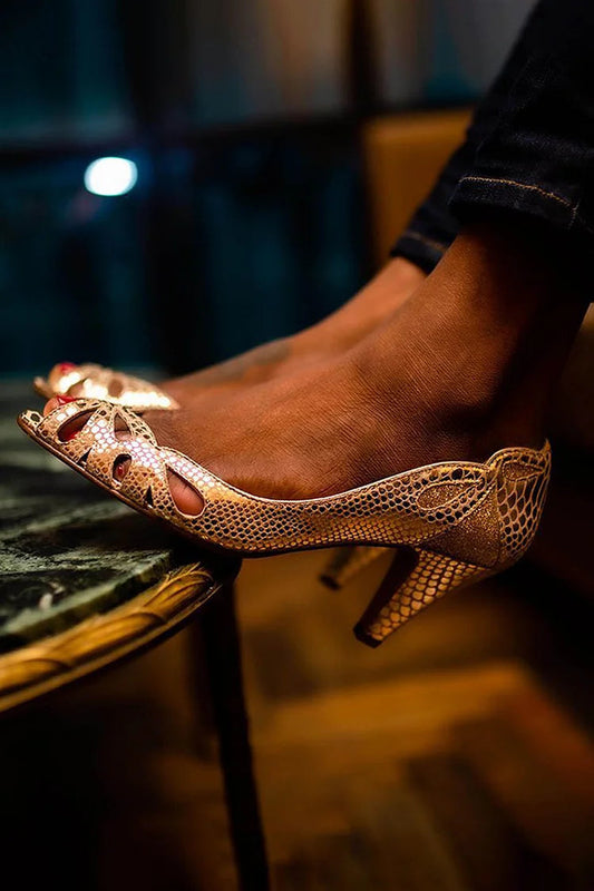 Schlangenprint Peep-Toe Goldene Klobige Absätze – Vorbestellung