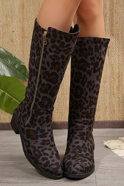 Leopardenmuster Stiefel mit Reißverschluss, spitzer Zehenpartie und klobigem Absatz, mittelhohe Wadenhöhe