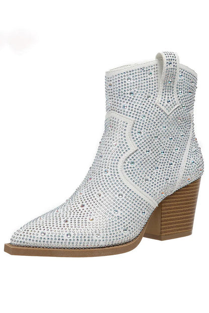 Stiefeletten mit Strassverzierungen, Patchwork-Reißverschluss und spitzem Zehenbereich