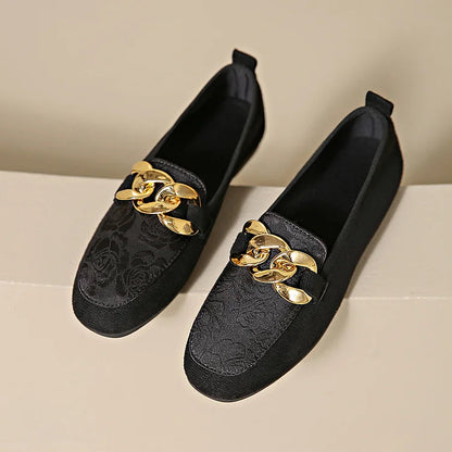 Loafer mit floralem Jacquard-Patchwork, Metallkettendekor und runder Zehenform