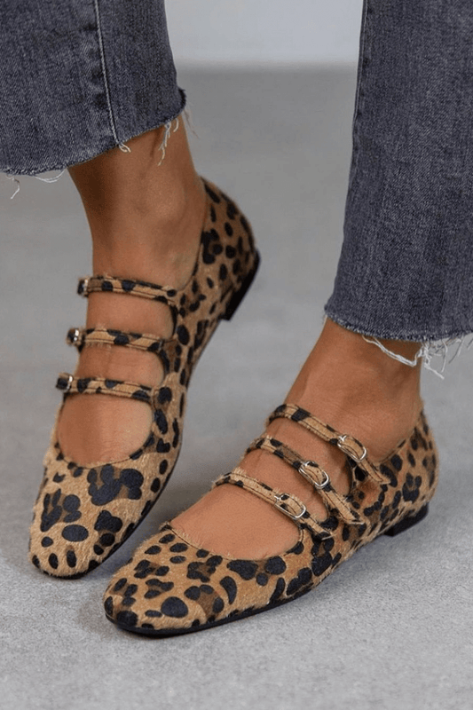 Leopardenmuster Mary-Jane-Flats mit dreifacher Schnalle