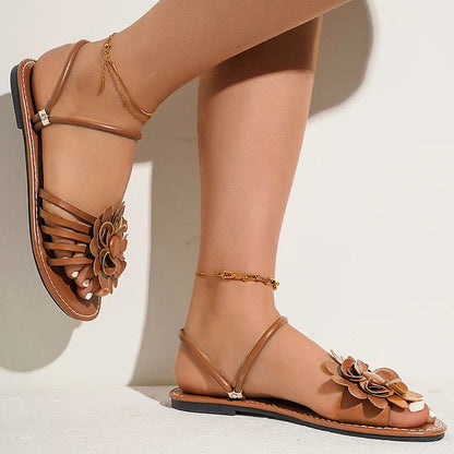 Schlichte, lässige Riemchensandalen mit 3D-Blumen und Strasssteinen