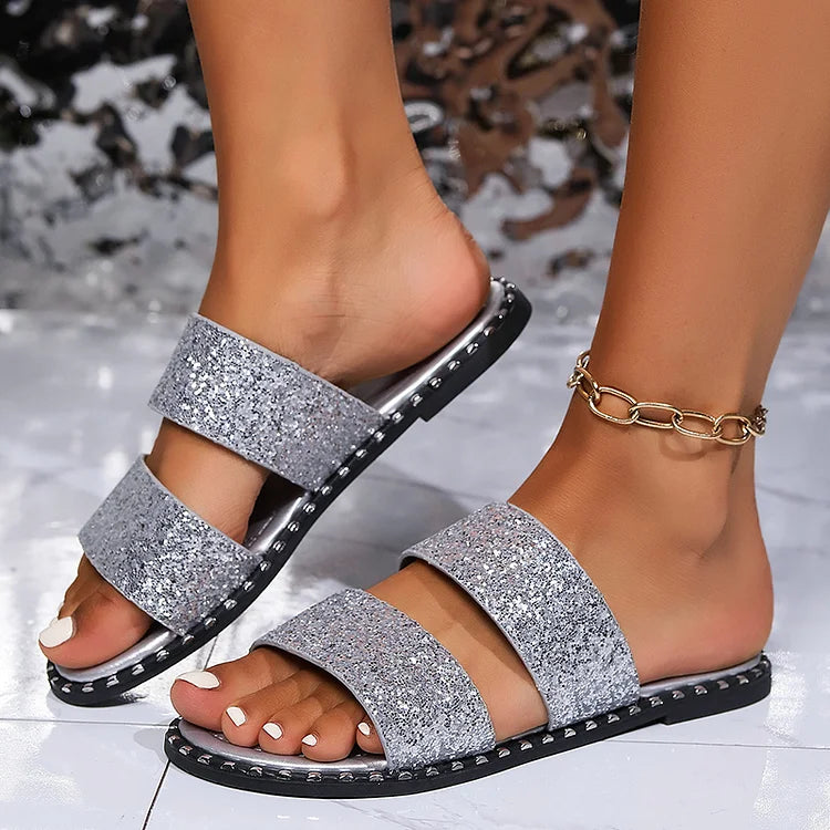 Bequeme, glitzernde Pailletten-Hausschuhe mit doppeltem Riemen und runder Zehenform