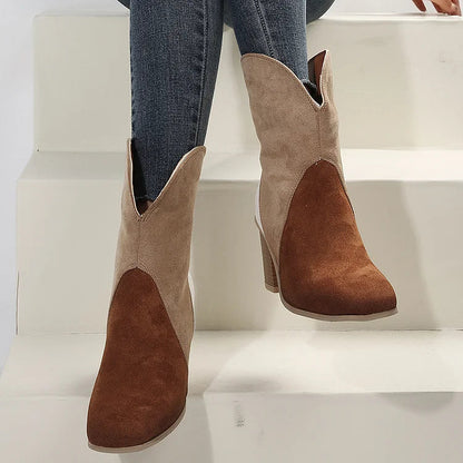 Farbblock-Stiefel mit V-Rillen, runder Zehenpartie und klobigem Absatz bis zur Wadenmitte