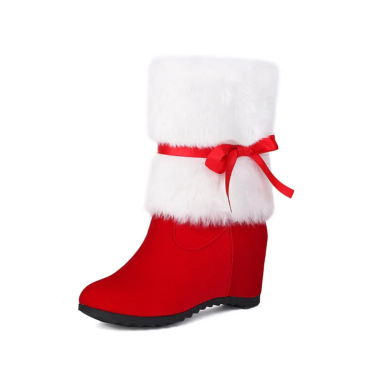 Flauschige, weihnachtliche Stiefel mit runder Zehenpartie, Keilabsatz und Schleifenbindung