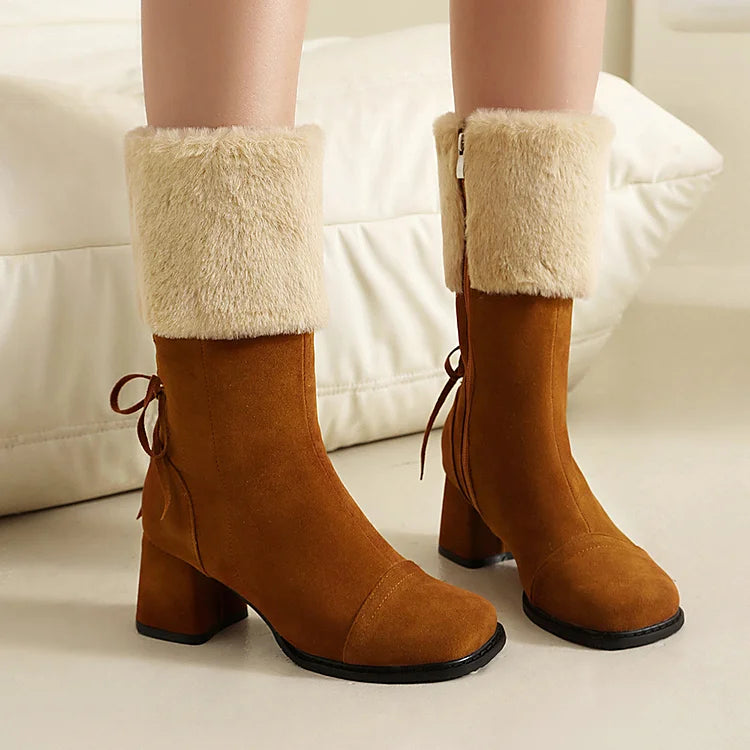 Festliche Farbblock-Stiefel mit kuscheligem Besatz, Schnürung, quadratischer Zehenpartie und robustem Absatz