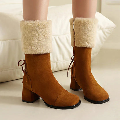 Festliche Farbblock-Stiefel mit kuscheligem Besatz, Schnürung, quadratischer Zehenpartie und robustem Absatz