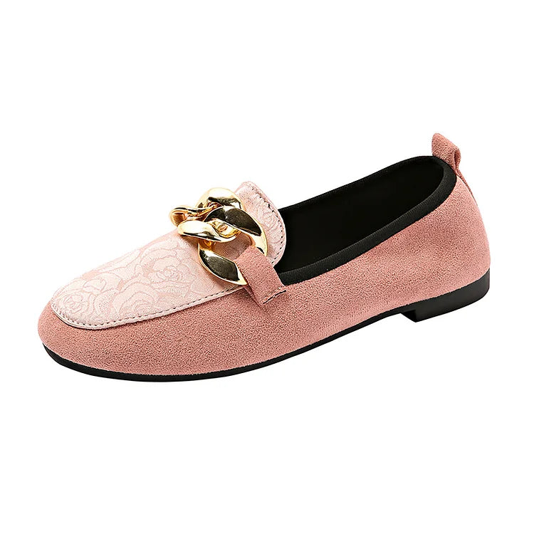 Loafer mit floralem Jacquard-Patchwork, Metallkettendekor und runder Zehenform