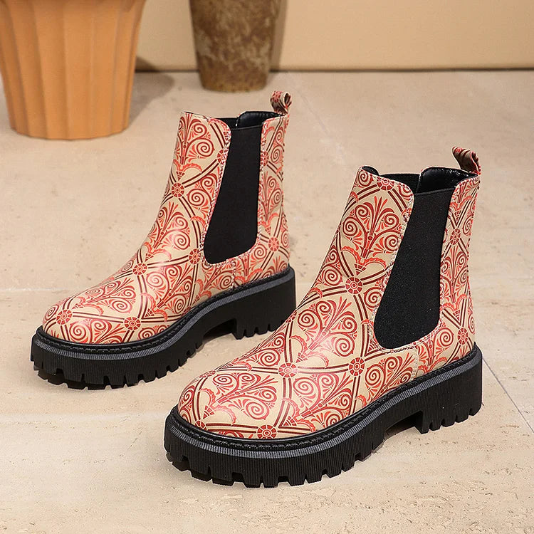 Mehrfarbige Patchwork-Stiefeletten mit robustem Absatz und runder Zehenpartie