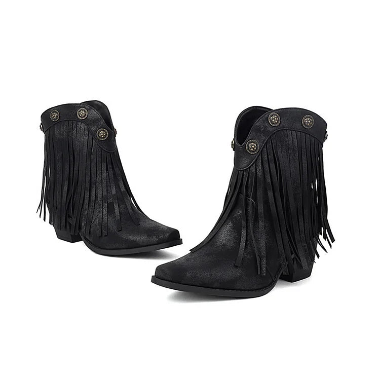Fransen-Ankle Boots mit metallischen Nieten, eckiger Zehenpartie und klobigem Absatz