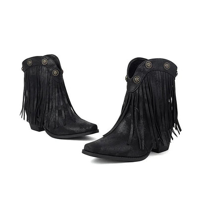 Fransen-Ankle Boots mit metallischen Nieten, eckiger Zehenpartie und klobigem Absatz