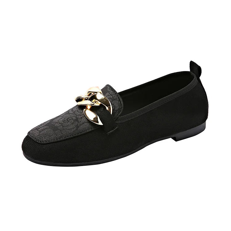Loafer mit floralem Jacquard-Patchwork, Metallkettendekor und runder Zehenform
