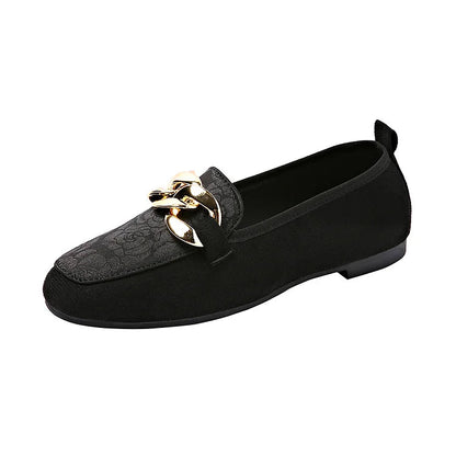 Loafer mit floralem Jacquard-Patchwork, Metallkettendekor und runder Zehenform