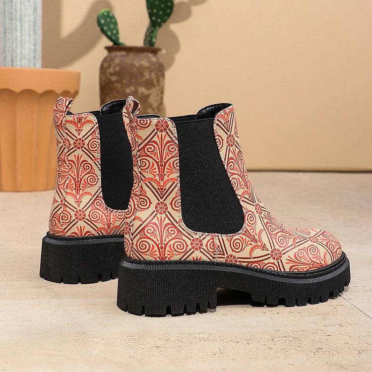 Mehrfarbige Patchwork-Stiefeletten mit robustem Absatz und runder Zehenpartie