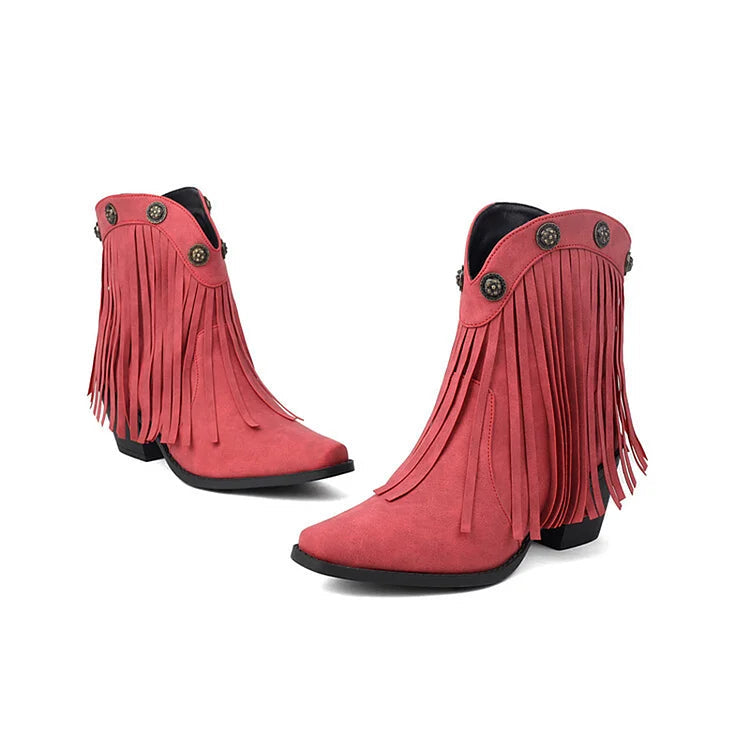 Fransen-Ankle Boots mit metallischen Nieten, eckiger Zehenpartie und klobigem Absatz
