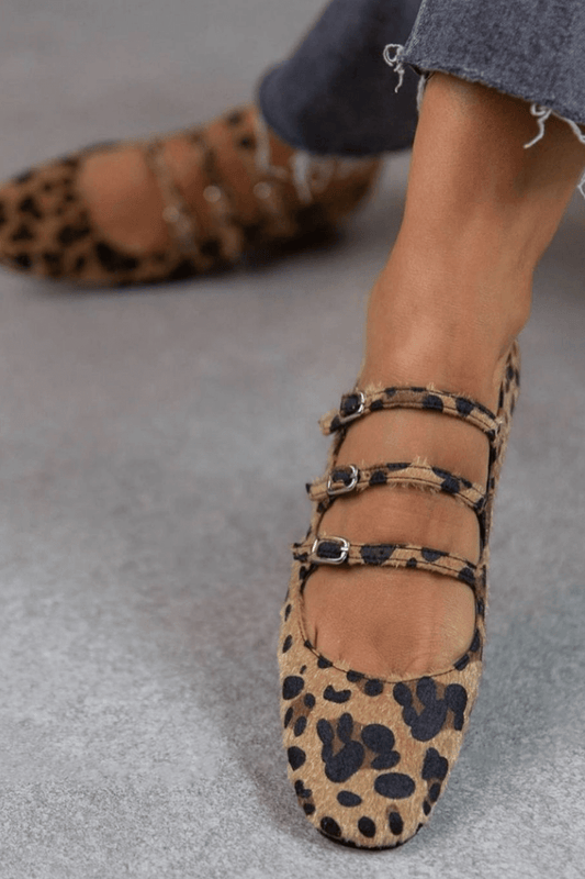 Leopardenmuster Mary-Jane-Flats mit dreifacher Schnalle