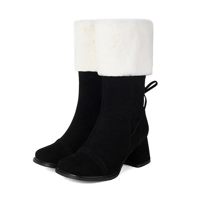 Festliche Farbblock-Stiefel mit kuscheligem Besatz, Schnürung, quadratischer Zehenpartie und robustem Absatz