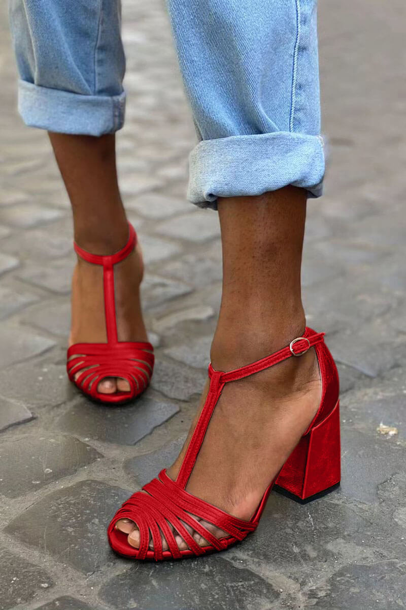 Chunky Peep-Toe Heels with Strappy T-Buckle Design