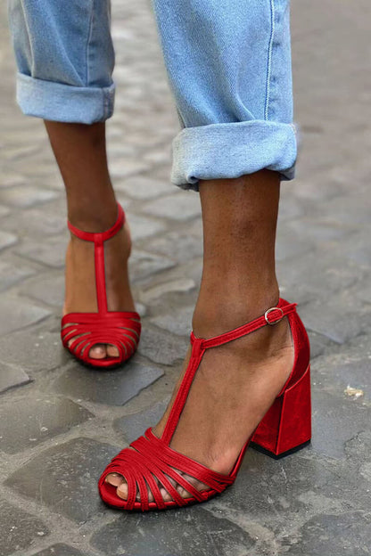 Chunky Peep-Toe Heels with Strappy T-Buckle Design