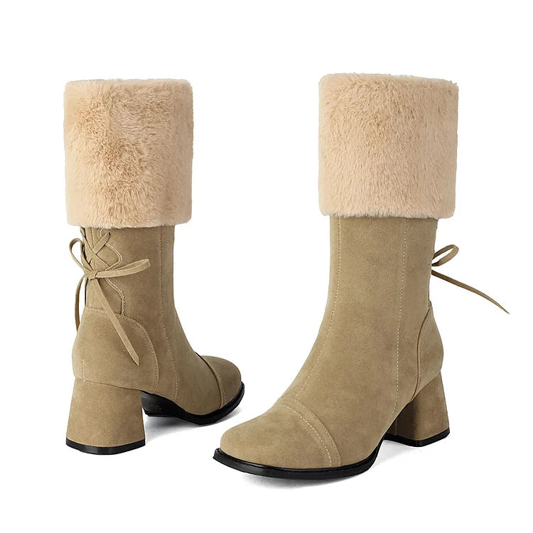 Festliche Farbblock-Stiefel mit kuscheligem Besatz, Schnürung, quadratischer Zehenpartie und robustem Absatz