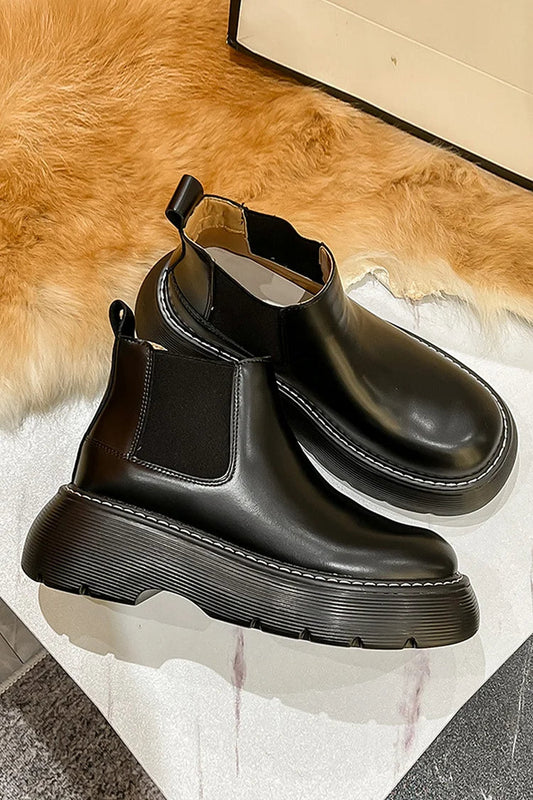 Einfarbige Patchwork-Stiefeletten mit flacher Plateausohle und runder Zehenform