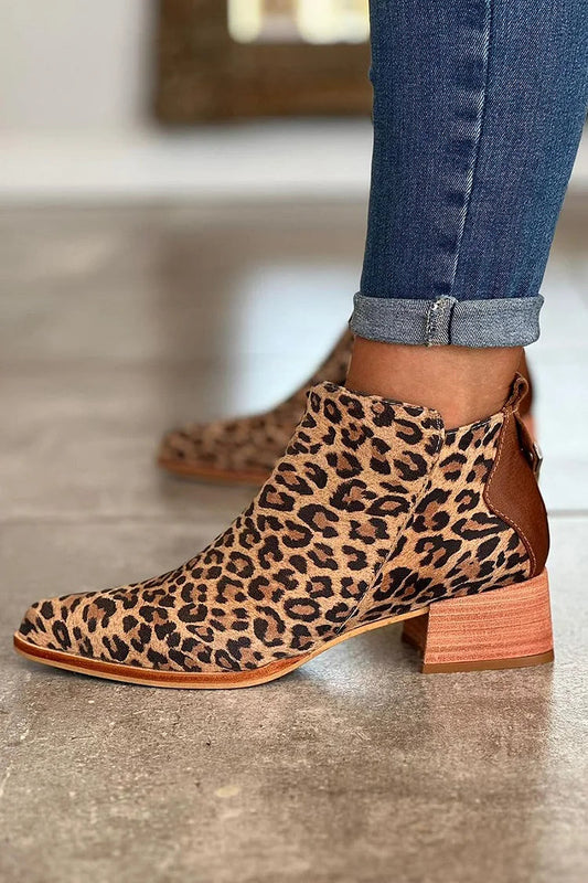 Khakifarbene Patchwork-Stiefeletten mit Leopardenmuster und spitzer Zehenpartie [Vorbestellung]