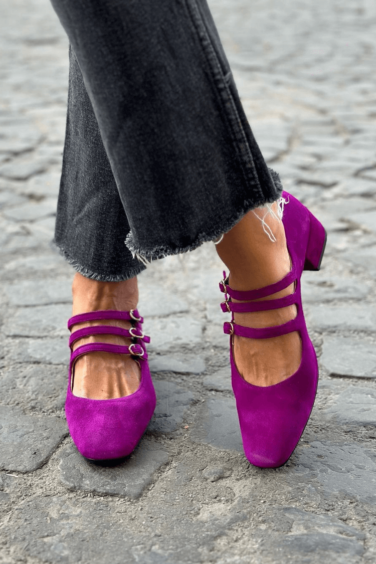 Lila Chunky High Heels mit Mehrfachriemen, Schnalle und eckiger Zehenpartie (2 Farben)