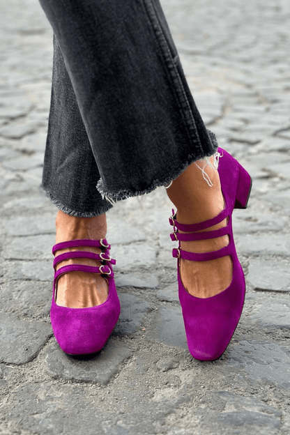 Lila Chunky High Heels mit Mehrfachriemen, Schnalle und eckiger Zehenpartie (2 Farben)