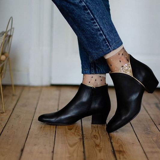 Schwarze Patchwork-Stiefeletten mit spitzer Zehenpartie und Reißverschluss [Vorbestellung]