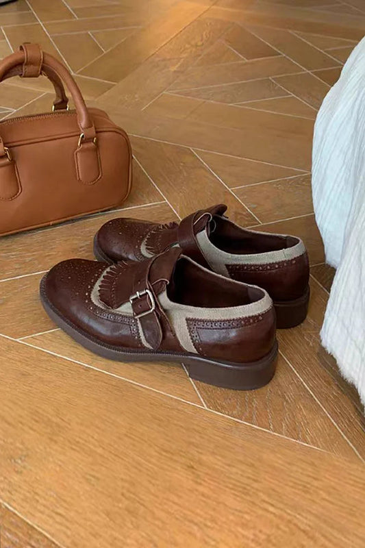 Brogue-Loafer mit Fransen, Patchwork-Riemen und runder Zehenform