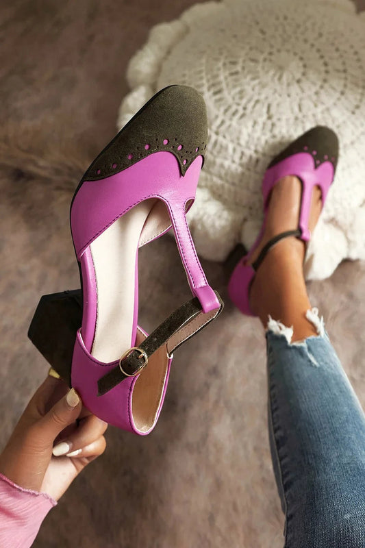 Damen High Heels aus Kunstleder mit Farbblock-Design, geschlossene Zehenpartie, klobige Absätze und ausgehöhlte Details