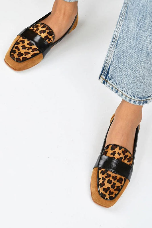 Braune Patchwork-Loafer mit eckiger Zehenpartie im Leopardenmuster [Vorbestellung]