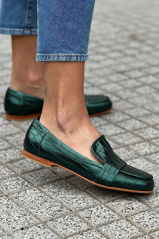 Grüne Slip-On Slipper mit kariertem Muster und quadratischer Zehenpartie