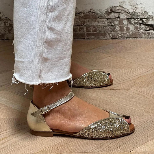 Glänzende Goldene Peep-Toe-Patchwork-Sandalen mit Knöchelriemen und Schnalle