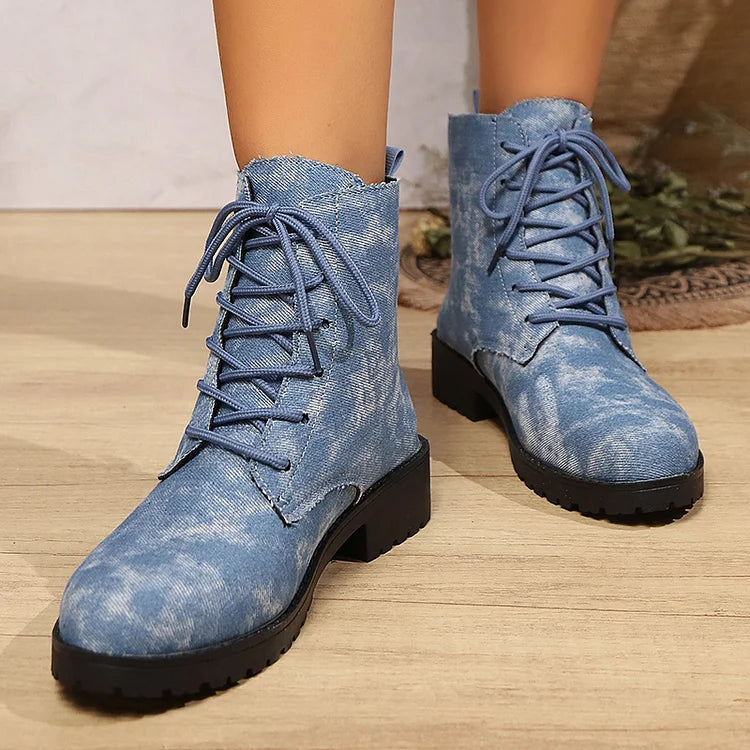 Runde Zehenpartie Denim-Stiefeletten mit Patchwork-Schnürung und robustem Absatz