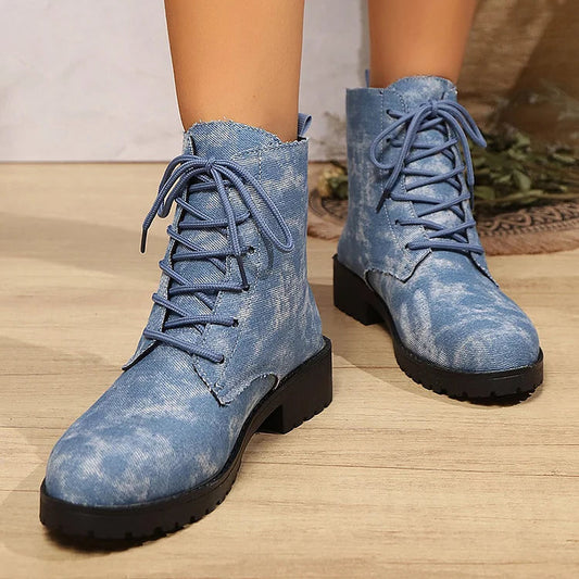Runde Zehenpartie Denim-Stiefeletten mit Patchwork-Schnürung und robustem Absatz