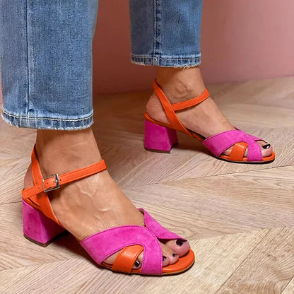 Farbblock-Patchwork-Peep-Toe mit Knöchelriemen und Klobigen Absätzen