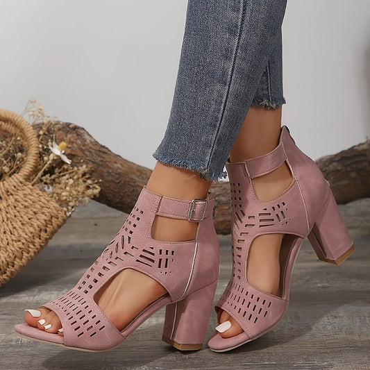 Schick Ausgehöhlte Knöchelriemen Peeptoe mit Schnalle und Schlichten Klobigen Absätzen