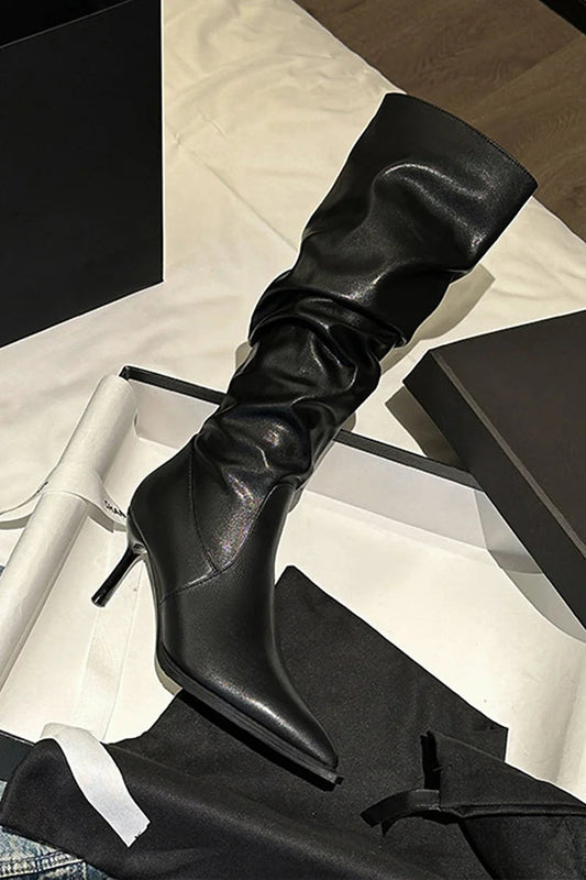 Kniehohe Stiefel mit spitzem Zehenbereich und einfarbigem Patchwork-Stiletto-Absatz