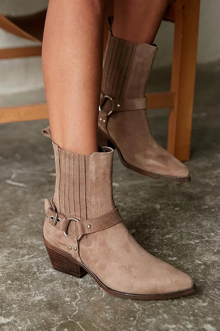 Braune Patchwork-Westernstiefel mit spitzem Zehenbereich und robustem Absatz [Vorbestellung]
