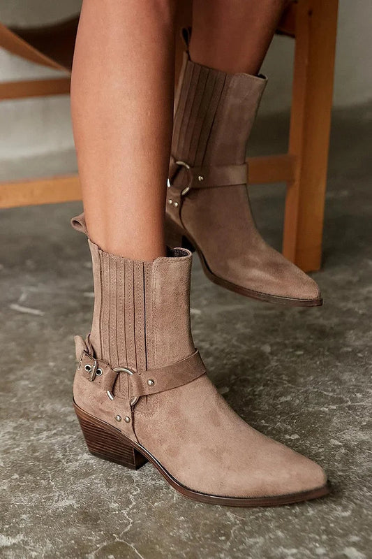 Braune Patchwork-Westernstiefel mit spitzem Zehenbereich und robustem Absatz [Vorbestellung]